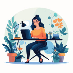 Smiling businesswoman working on laptop desk around cactus and tree at home office.Illustrator cartoon sketch style.