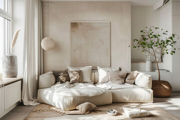 Fototapeta na wymiar Spacious bright studio apartment in Scandinavian style and warm pastel white and beige colors.