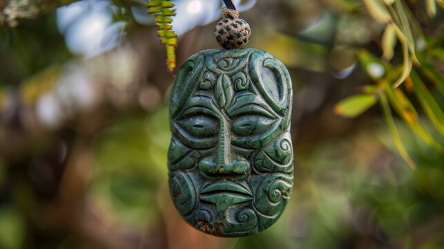 Greenstone Maori mask pendant with an ornate design hanging from a tree branch