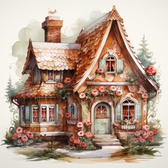 Fototapeta premium watercolor Kawaii Gingerbread House clipart, Generative Ai