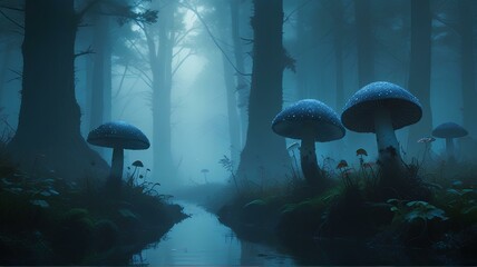 A mysterious mushroom forest, shrouded in mist and shadows, holds the promise of strange and fantastical creatures lurking within its depths. - obrazy, fototapety, plakaty