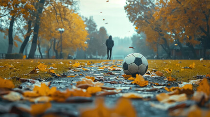 A sporty athletic man trains before a match, kicks a soccer ball on the field. Copy space