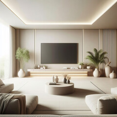 テレビは、最小限の空きスペースのリビング ルームの背景の白い壁に、テレビ スタンドの木のテーブルの上に置かれます。