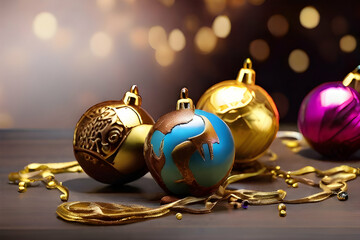 christmas balls  christmas, decoration, ball, holiday, celebration, xmas, ornament, gold, winter, bauble, red, season, baubles, object, color, glass, year, shiny, sphere, new,Ai generated 