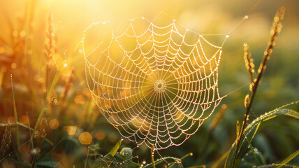 A dew-covered spiderweb at sunrise.