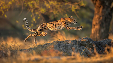 leopard walking in serengeti park - obrazy, fototapety, plakaty