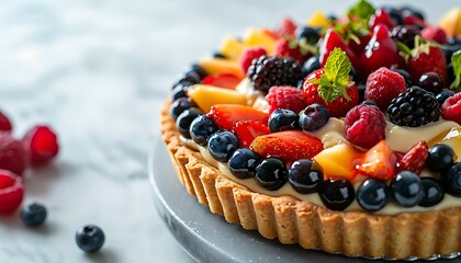 Colorful fruit tart with assorted berries and fruits on flaky crust with mint leaves