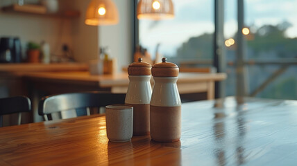 Two condiment dispensers on a wooden table