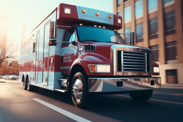 Quick response medical ambulance vehicle or truck speeding on the way for accident or health care emergency - obrazy, fototapety, plakaty