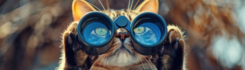 Expert cat adventurer, cute binoculars in paw, exploring the unknown, joyful quest , close-up - obrazy, fototapety, plakaty