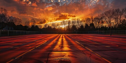 A dramatic sunset over a basketball court, casting long shadows across the painted lines and...