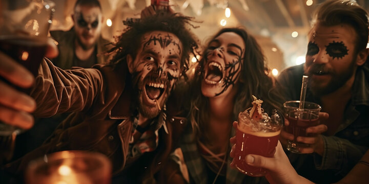 Friends in creepy costumes having fun at Halloween party