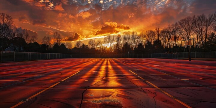 A dramatic sunset over a basketball court, casting long shadows across the painted lines and hardwood surface.