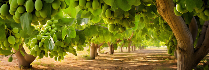 Serene Solitude: A Lush Fig Tree Bathed in Subtle Sunlight, Brimming with Ripe and Young Fruits