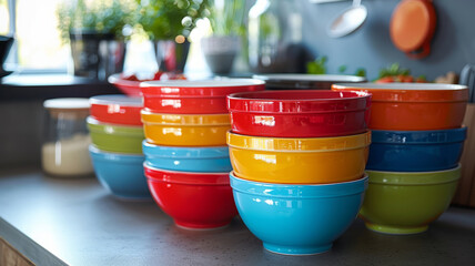 Stacks of colorful bowls on a counter - obrazy, fototapety, plakaty