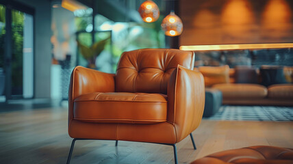 Brown leather armchair in modern interior
