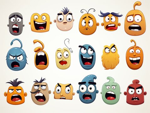A collection of cartoon faces with different expressions, including angry, sad