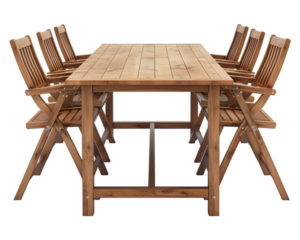 outdoor wooden dining table with chairs on white transparent background