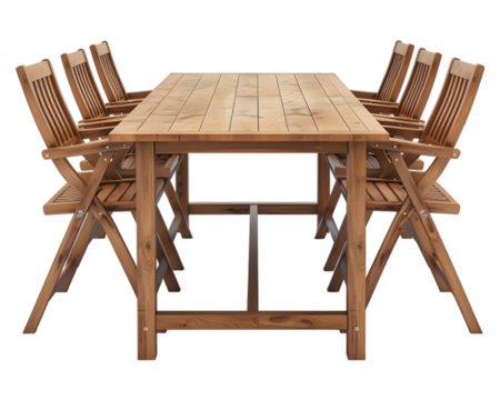outdoor wooden dining table with chairs on white transparent background