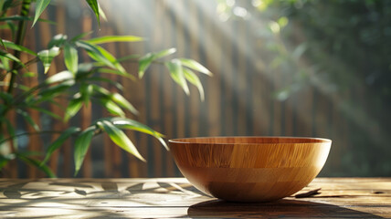 Wooden bowl on a sunny table with bamboo