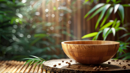 Wooden bowl on bamboo mat with coffee beans