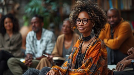 A young woman with curly hair and stylish glasses is seated confidently at the forefront of a cultural event, surrounded by a diverse group of attentive participants. - obrazy, fototapety, plakaty