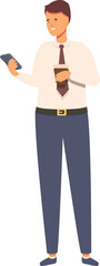 Fototapeta premium Everyday morning office coffee icon cartoon vector. Reading on phone news. Male morning rest