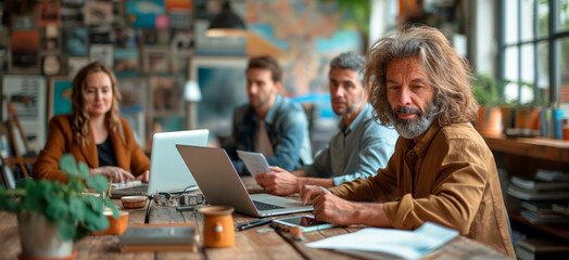 A group of focused professionals, including a mature man with a striking beard, are engaged in their work in a vibrant, contemporary open-plan office environment.