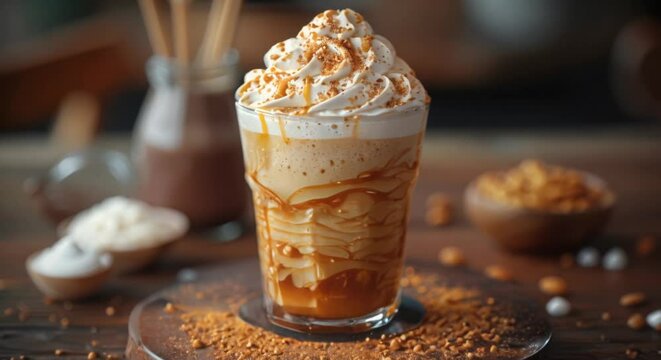 Iced caramel frappe with whipped cream, perfect summer treat.