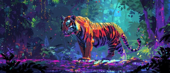 Pixel tiger striding coolly, 8bit style, vibrant jungle backdrop, sharp edges , high resolution