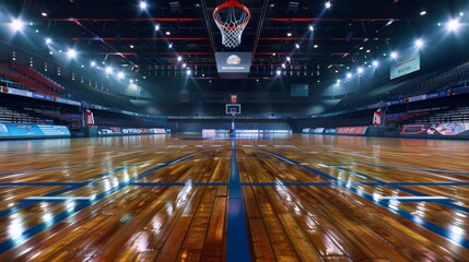 Basketball court in a sports arena, the bright colors of the court lines stand out against the polished wooden floor - obrazy, fototapety, plakaty