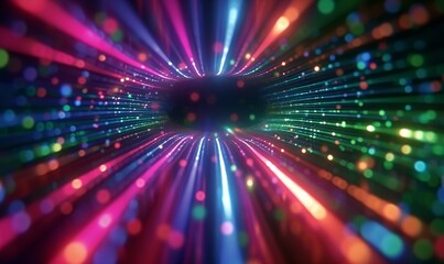 cycled 3d animation. Abstract background with unfocused red blue green neon lines sliding right endlessly. Seamless blurred animated wallpaper, Generative AI 