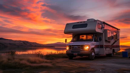 Foto auf Acrylglas Antireflex Class C RV parked at a scenic campsite during sunset © AlfaSmart