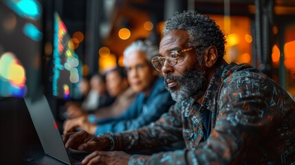 An older man with a striking grey beard and stylish glasses is intently using a laptop, with the blurred background of a lively café setting.