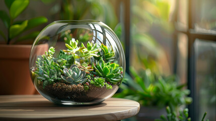 A glass terrarium with various succulents inside