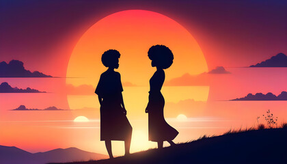 Obraz premium A digital painting of a two woman with an afro hairstyle standing on a hill