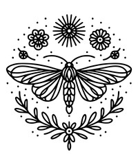 Moth or butterfly style winged insect with wings with flowers, sun, leaves garland, celestial black line art simple tattoo outline nature drawing clipart illustration style 