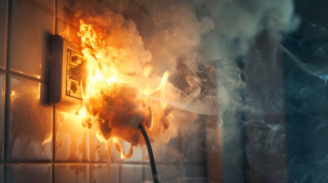 Fire and smoke on an electrical wire plug indoors