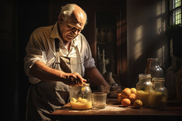 Italian pensioner preparing limoncello in the kitchen