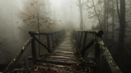 Zelfklevend Fotobehang Misty forest pathway with wooden bridge © cac_tus