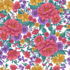 Colorful Flowers Seamless Pattern. Hand Drawn Endless Floral illustration. - 769785346