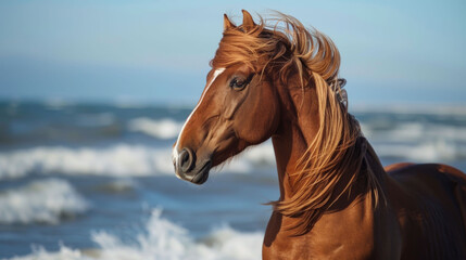 Chestnut horse with flowing mane on the beach
