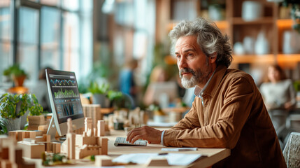 A seasoned professional with a silver beard intently studies financial data on a computer screen, surrounded by architectural models and verdant office plants.