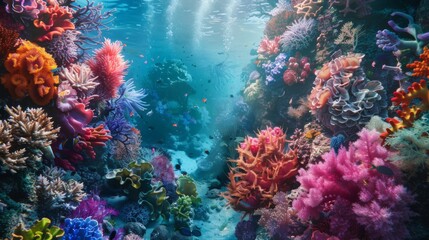 Intricate details of marine reefs underwater, capture vibrant colors and diverse marine life
