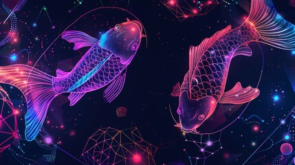 Pisces zodiac sign depicted in a sleek linear style on a dark polygon background