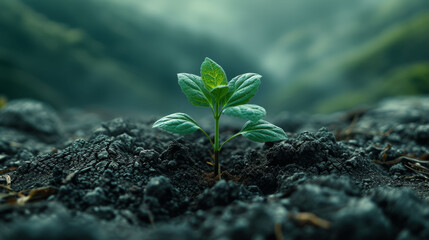 Young plant sprouting from the soil with a blurred background