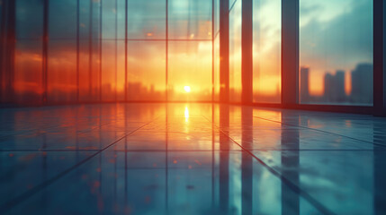 Modern office background with sunset over urban skyline viewed from modern glass building.