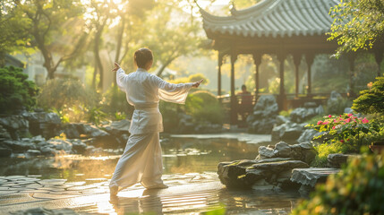 A person practicing tai chi in a tranquil garden, relaxation exercise - obrazy, fototapety, plakaty