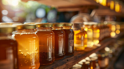 Jars of honey on a market shelf.