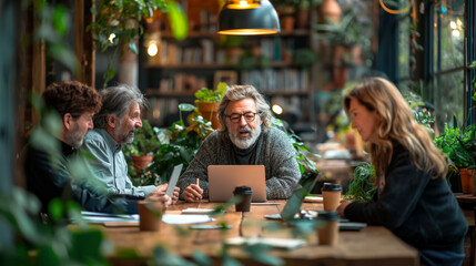 A team of professionals, including a distinguished gentleman with grey hair, are discussing and collaborating over laptops in an office surrounded by lush indoor plants.